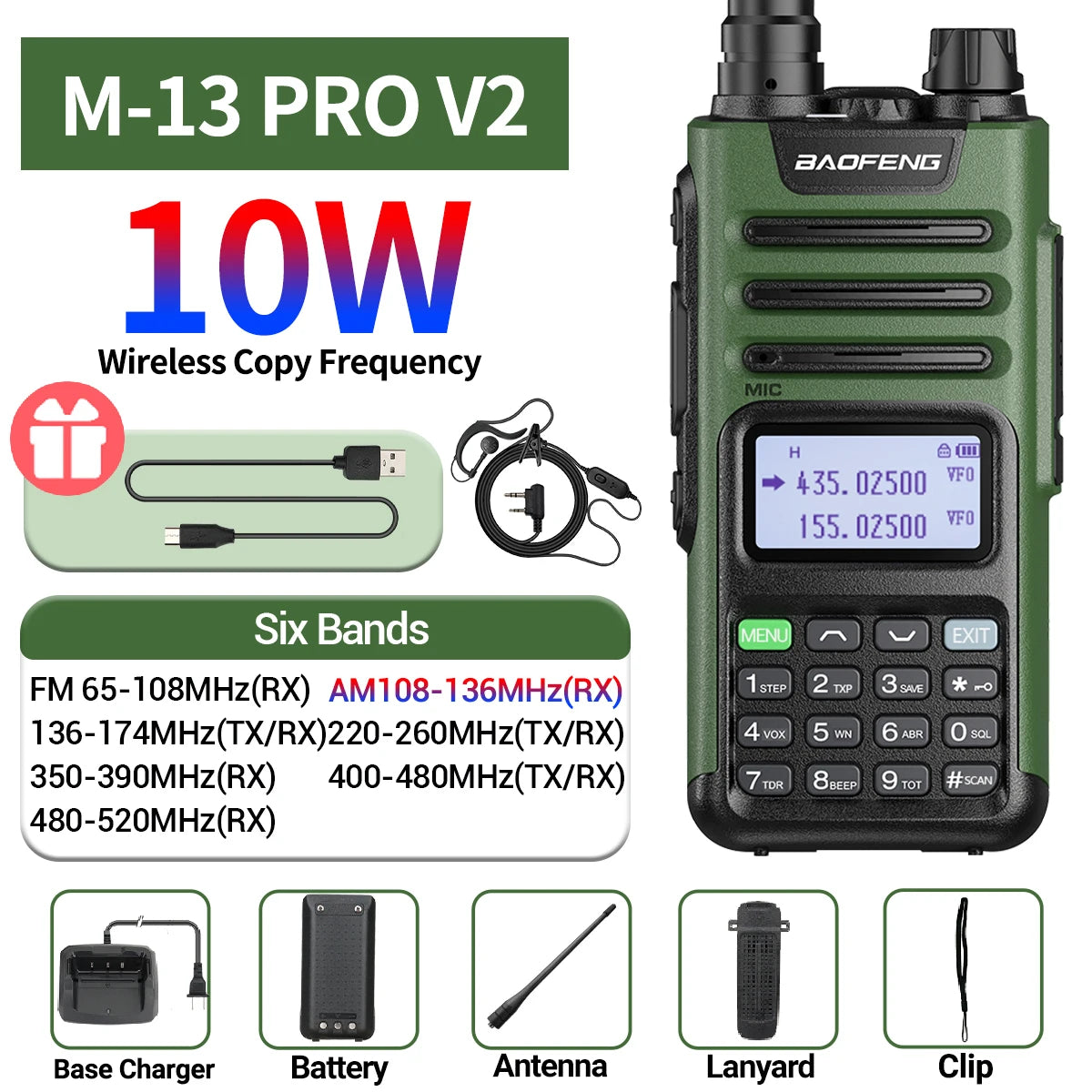 Baofeng M-13 Pro V2 Air Band Walkie Talkie Long Range Wireless Copy Frequency Multi Band NOAA Type-C AM Two Way Radio