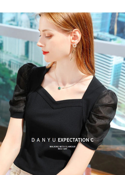 Elegant Women's Sweetheart Neck Puff Sleeve Top Blue Ribbed Slim Fit Short Sleeve Blouse Casual Daily Office Wear T-shirt