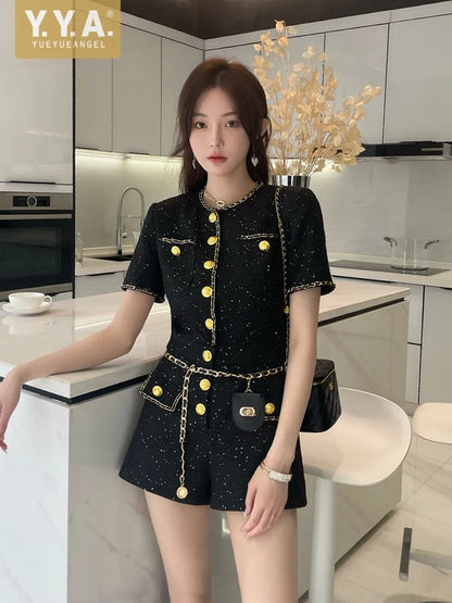 French Style Women Short Sleeve One Piece Tweed Playsuit O Neck Single Breasted Elegant Ladies Slim Fit Jumpsuit Casual Rompers
