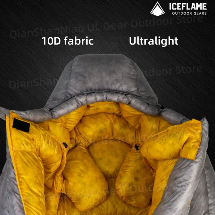 ICE FLAME Camping Mummy Gray Down Sleeping Bag Outdoor Ultralight 10D Unisex Sleeping Bag Traveling Hiking Mountain Climbing