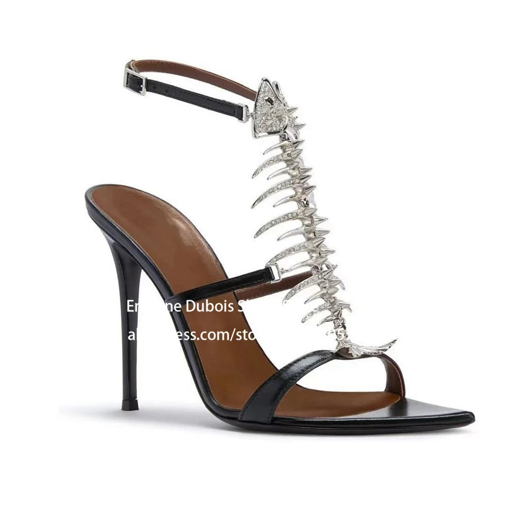 Fish Bone Sandals Rhinestone Slingback High Heels Pointed Toe Stiletto Pumps for Party Evening Sexy Women Summer Shoes Plus Size