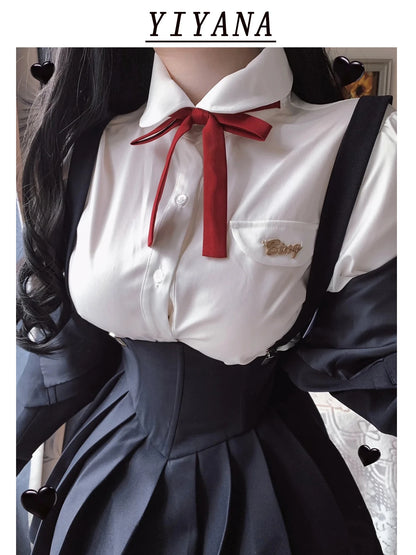 Spring 2025 Preppy Style American Uniform Set Girls Short Suit Coat Long Sleeve White Shirt Slim High Waist Pleated Skirt Navy