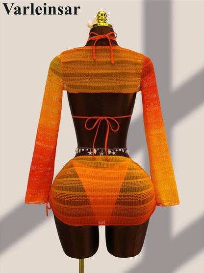 4PCS With Cover Up Skirt Gradient Bikini Women Swimwear Female Swimsuit Four-Pieces Bikini Set Bather Bathing Suit Swim V8303