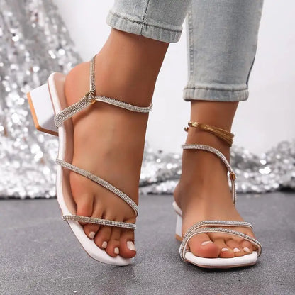 Elegant Square Toe Medium Heel Woman's Sandals Women Summer 2026 Luxury Rhinestore Strap Sandals Plus Size Woman Designer Shoes