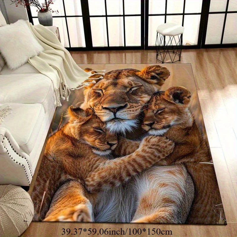 Flannel Printed Lion Family Rug Wild Animal Art Design Soft Fleece Outdoor Mat Garden Patio Carpet Nature Decor Rugs