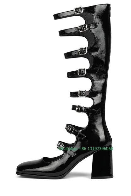 Lady buckle hollow chunky heel calf boots summer dress party solid shoes Mary Jane leather PU boots office lady shoes footwear