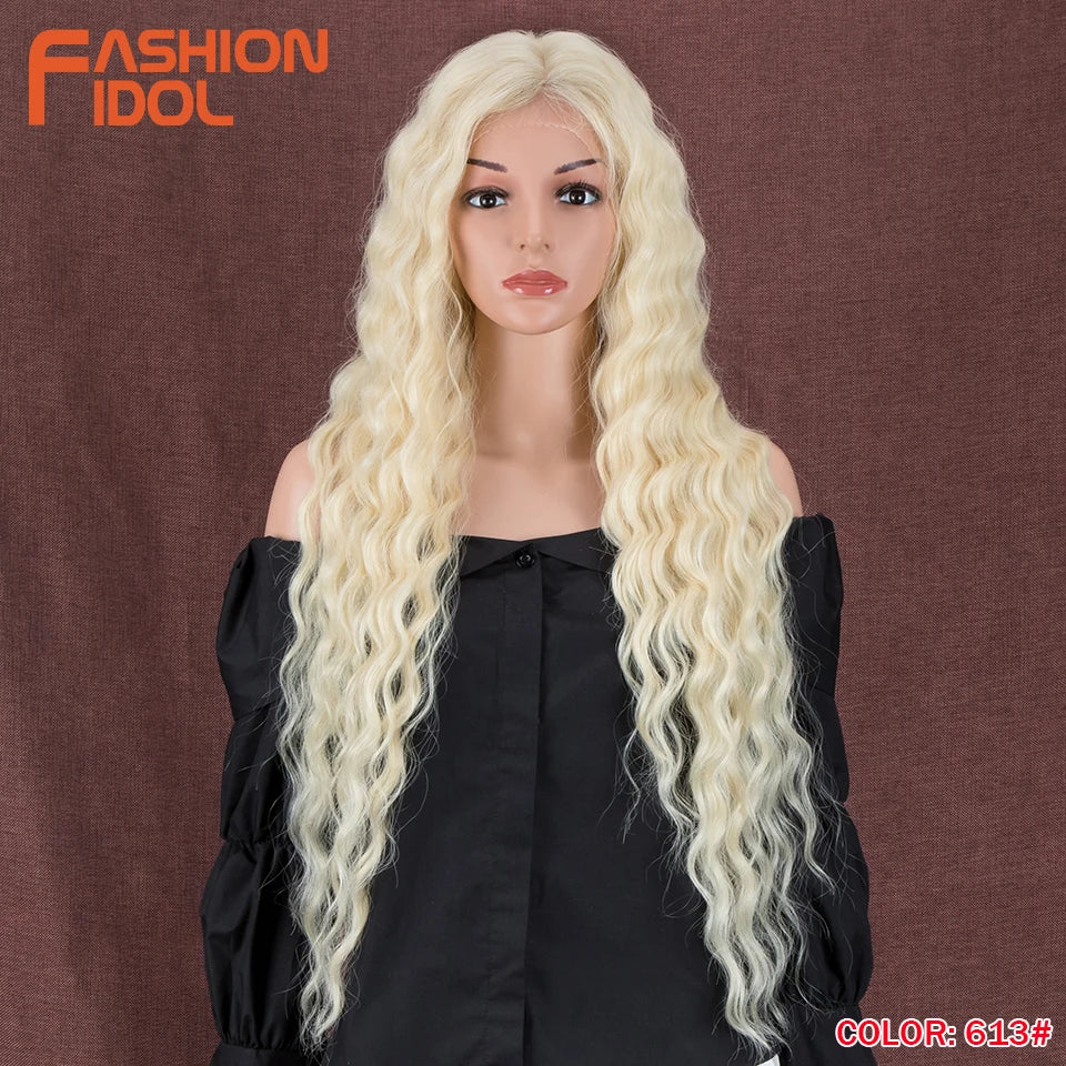 FASHION IDOL 30inch/75cm Water Wave Lace Wigs Synthetic Curly Lace Front Wigs Cosplay Ombre Blonde Hair Wigs For Black Women