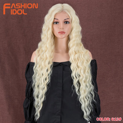 FASHION IDOL 30inch/75cm Water Wave Lace Wigs Synthetic Curly Lace Front Wigs Cosplay Ombre Blonde Hair Wigs For Black Women