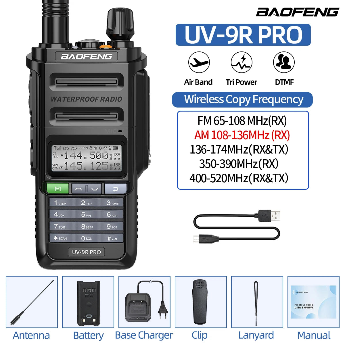 Baofeng UV-9R PRO Walkie Talkie IP68 Waterproof Full Band Wireless Copy Frequency 128CH AM FM Type-C Long Range Two Way Radio