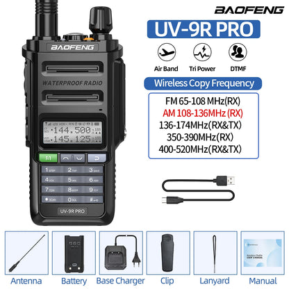 Baofeng UV-9R PRO Walkie Talkie IP68 Waterproof Full Band Wireless Copy Frequency 128CH AM FM Type-C Long Range Two Way Radio
