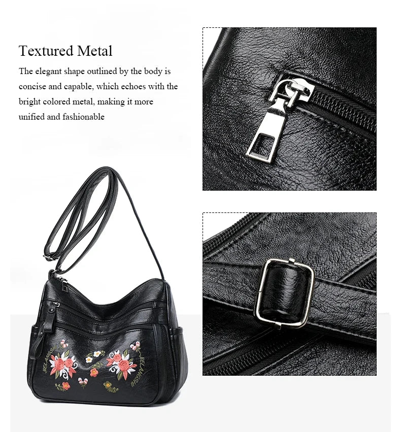 Embroidery Flowers Shoulder Messenger Bag Female Handbags Luxury Designer Purses Soft PU Leather Crossbody Women's Evening Bag