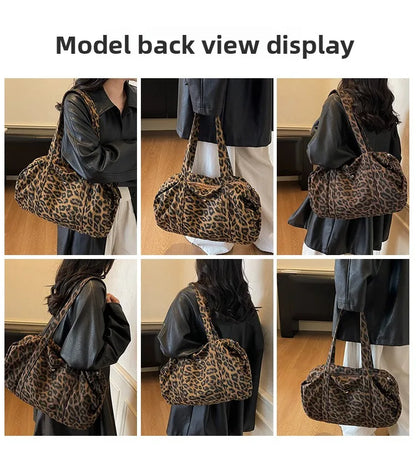 Trendy Leopard Print Canvas Shoulder Bag Large Capacity Fashion Tote Handle Bag for Daily Commute Versatile Texture Storage Bags