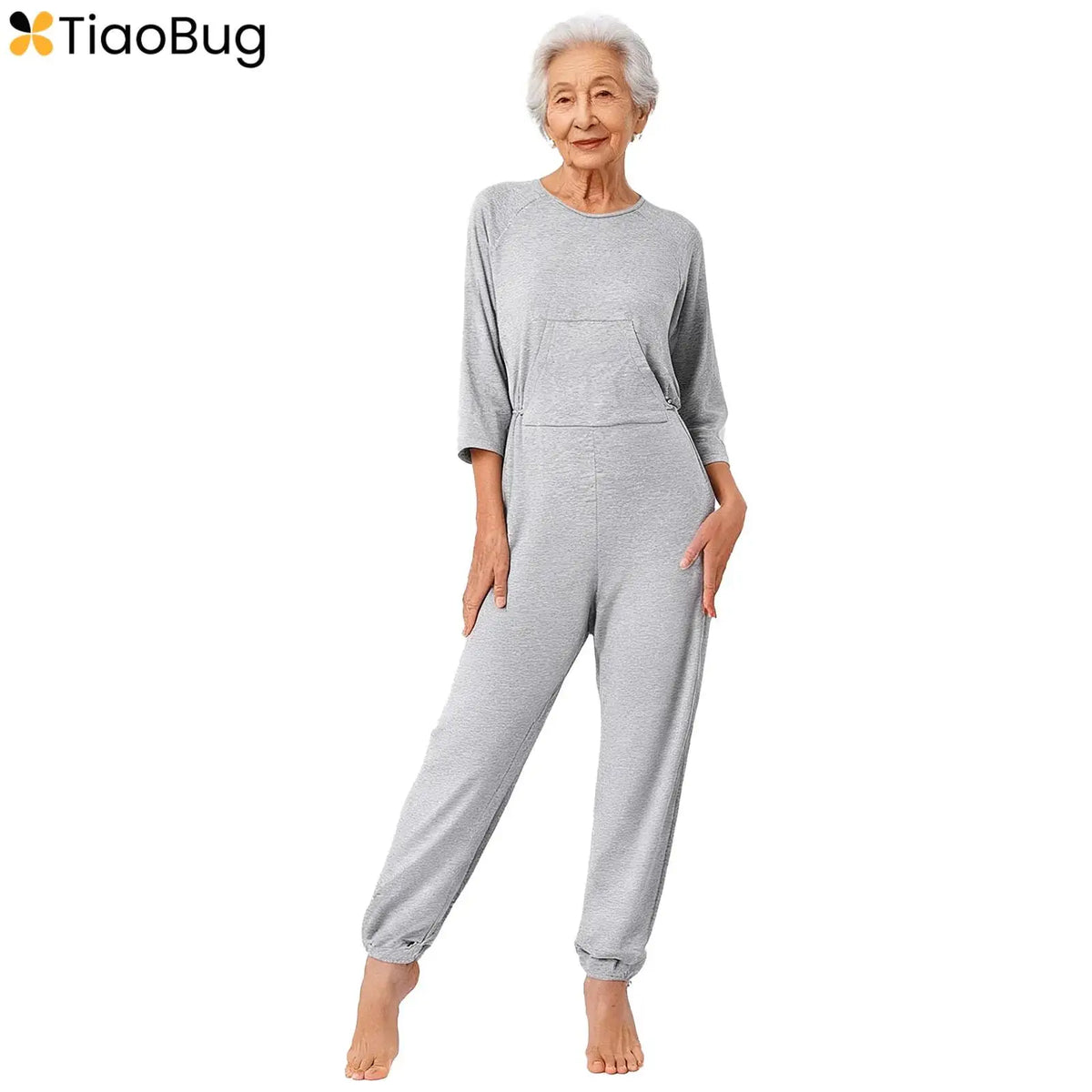 Women Special Needs Clothing Cotton Elderly Anti-Strip Adaptive Jumpsuit Back Legs Zip Long Sleeve Long Pants Nursing Rompers