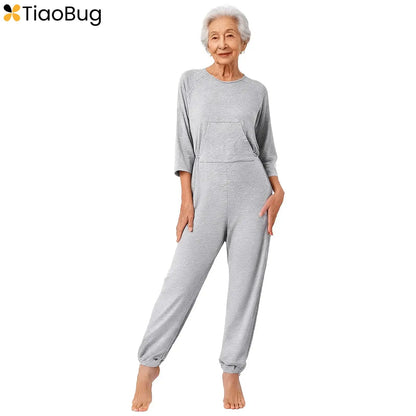 Women Special Needs Clothing Cotton Elderly Anti-Strip Adaptive Jumpsuit Back Legs Zip Long Sleeve Long Pants Nursing Rompers