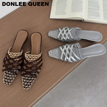 2026 Summer Luxury Fashion Designer Slippers Women Lace Mesh Square Toe Slip On Mule Slippers Low Heel Sandal Casual Shoes Muje