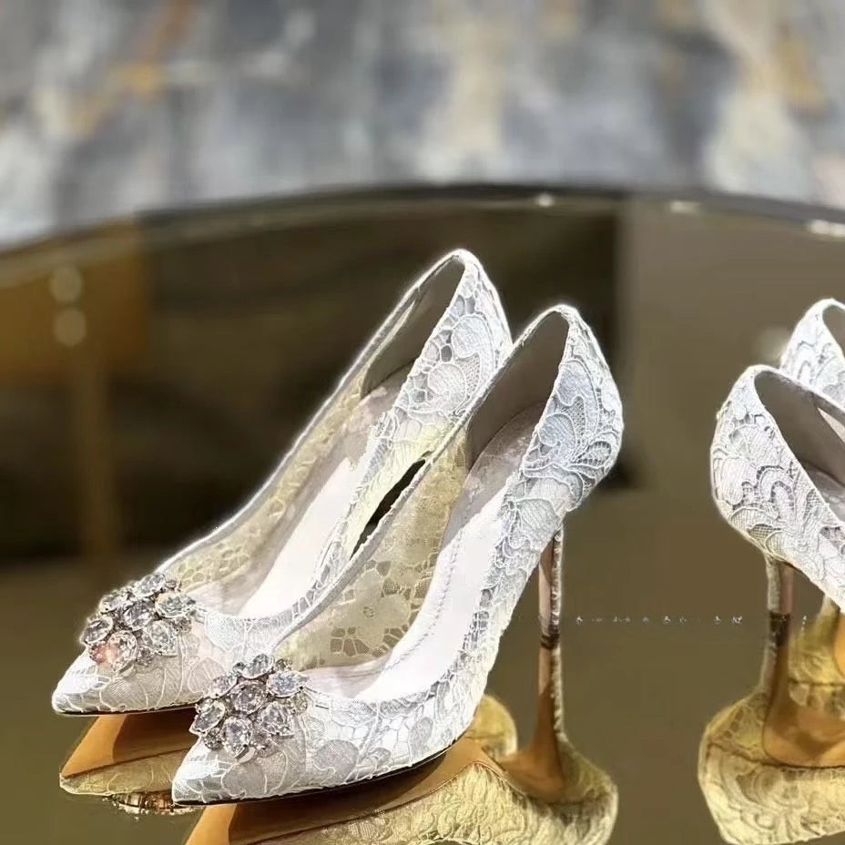 Mesh lace high-heeled shallow mouth shoes 2026 new pointed crystal buckle slim heel fashionable banquet women's single shoes