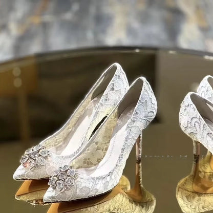Mesh lace high-heeled shallow mouth shoes 2026 new pointed crystal buckle slim heel fashionable banquet women's single shoes