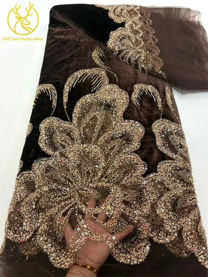 Luxury African Velvet Gold Beaded Sequins Lace Fabric 5 Yards Wine Red Groom Embroidery French Tulle Lace For Women Party Dress