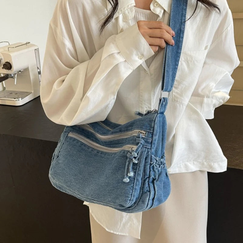Vintage Denim Women's Shoulder Bag Large Capacity Messenger Bag Multi-pockets Satchel Bags Adjustable Strap Ladies Crossbody Bag