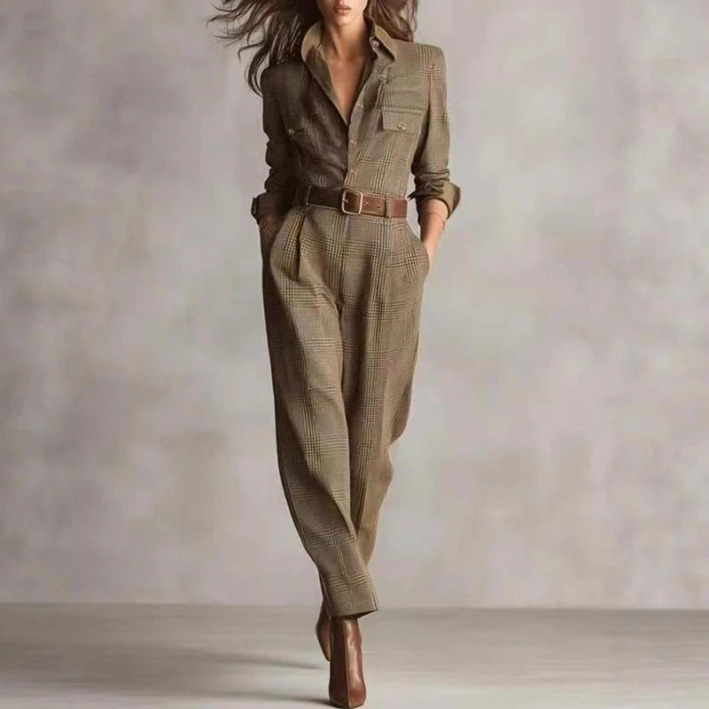 Vintage Plaid Print High Waist Jumpsuits Woman Elegant Shirt Collar Button Slim Bodysuit Fall Long Sleeve Pocket Romper Overalls