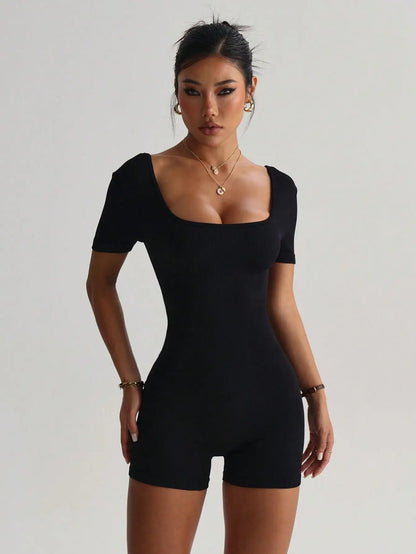 Short sleeved yoga jumpsuit with hollowed out back, casual fitness pants, one-piece quick drying