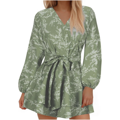 Hot-selling Women's Jumpsuits V-neck Flared Sleeves High Waist Plant Printed Pleated Lace-up Fashion High Street Playsuits