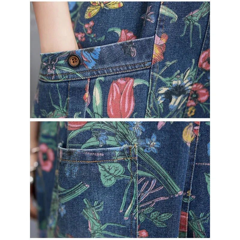 Casual Streetwear Print Floral Denim Jumpsuit Woman Loose Baggy Wide Leg Pants Rompers Big Size Pockets Straps Jeans Overalls