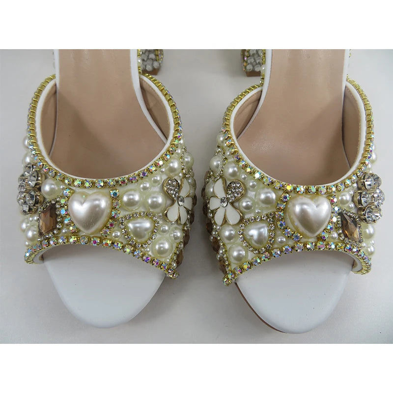 Luxury cyrstal wedding shoes with matching bags woman fashion Thick heel Women party dress shoes Fish beak Women shoes