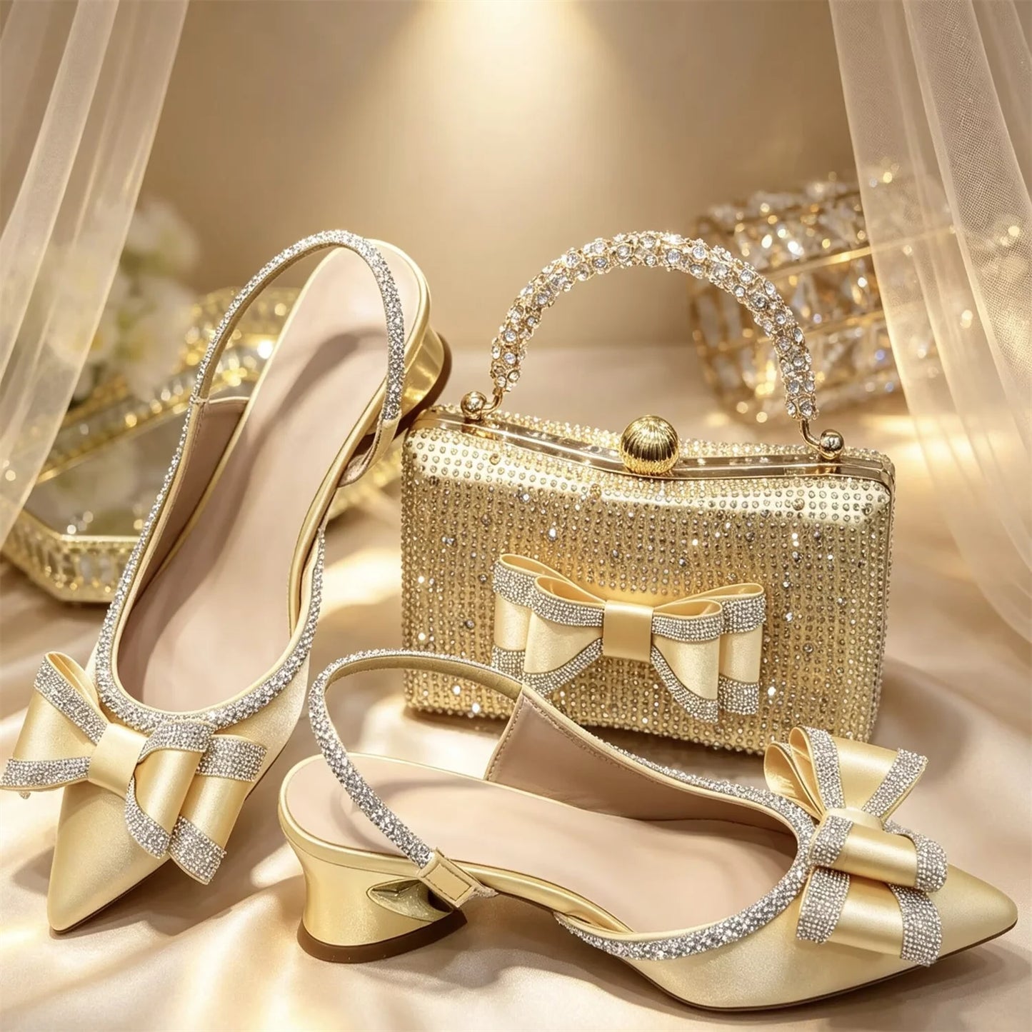Elegant Gold Satin Rhinestone Bow Slingback Heel & Clutch Bag Set, Women Bridal Matching Kit For Wedding Party Evening Prom Form