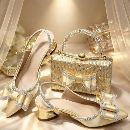 Elegant Gold Satin Rhinestone Bow Slingback Heel & Clutch Bag Set, Women Bridal Matching Kit For Wedding Party Evening Prom Form