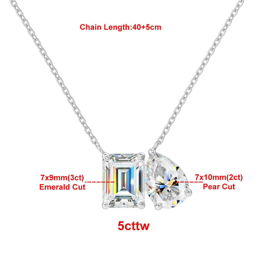 925 Sterling Silver Two Stone Toi Et Moi Necklace 2/5cttw Radiant Emerald Pear Cut Moissanite Pendant Necklace Fine Jewelry Gift