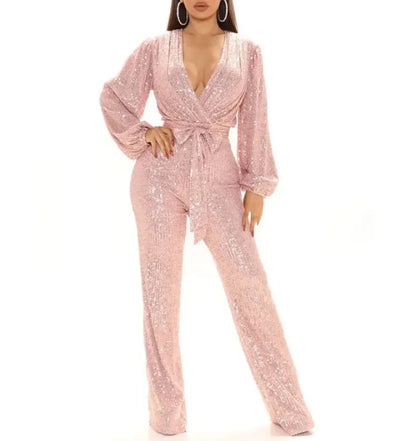 2026 Women's Elegant Sequined Jumpsuit Spring Summer Ladies Bling Bling V-neck High Waist Rompers Overalls with Lantern Sleeve