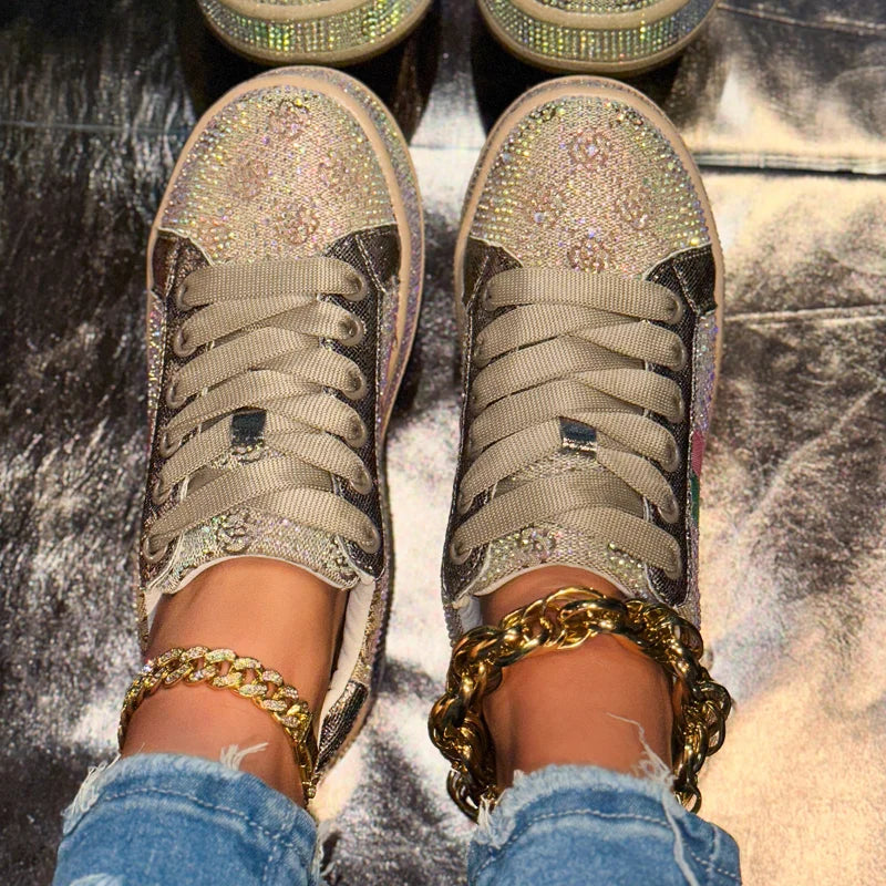 Women's Designer Shoes Women's Luxury Platform Sneakers Crystal Water Diamond Fashion Lace Up Casual Shoes Zapatillas De Deporte