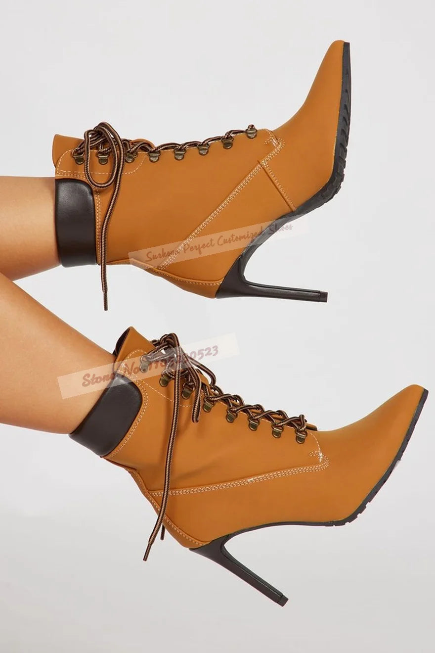 Women Camel Color Stiletto Heel Ankle Boots Brown Collar Patchwork Lace-Up Short Booties Pointed Toe Motorcycle Shoes