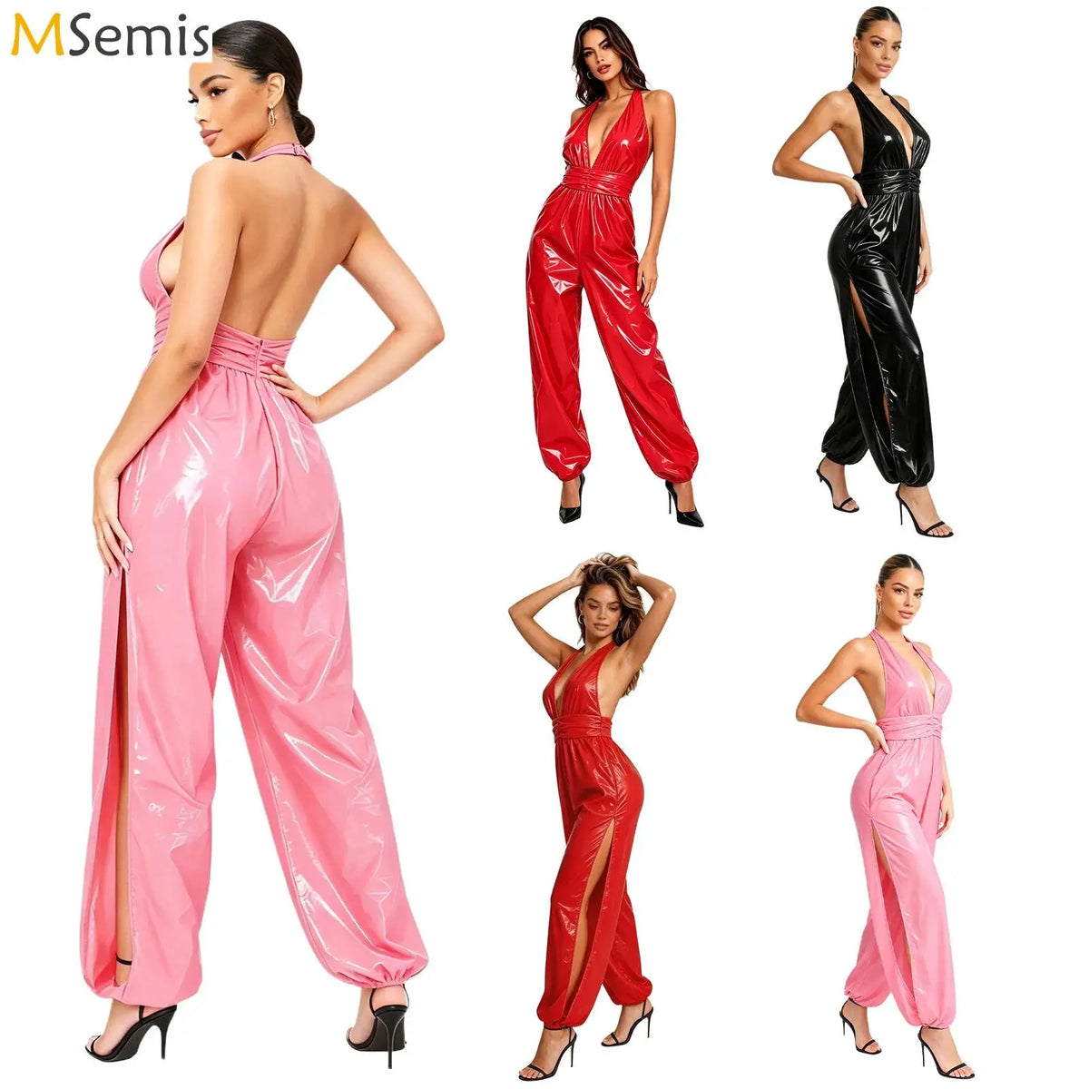 Womens Ruched Waist Back Invisible Zipper Side Split Bodysuit Glossy Water Resistant Rompers Halter Backless Jumpsuit Clubwear