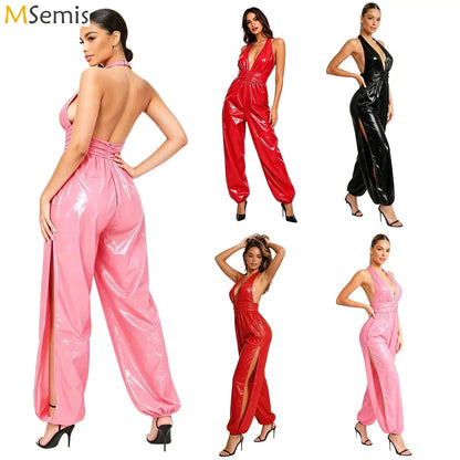 Womens Ruched Waist Back Invisible Zipper Side Split Bodysuit Glossy Water Resistant Rompers Halter Backless Jumpsuit Clubwear