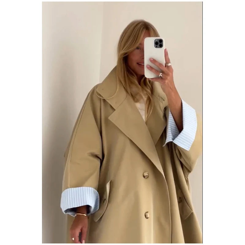 Women Black Long Solid Color Trench Coat Stand Collar Loose Drop Shoulder Single-breasted Windbreaker Lady Commute Outing Wear