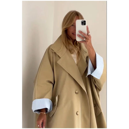 Women Black Long Solid Color Trench Coat Stand Collar Loose Drop Shoulder Single-breasted Windbreaker Lady Commute Outing Wear