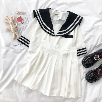 Japanese New Sailor Suit White and Navy Summer Women Student JK Uniform Suit College Style Girls Short Top Pleated Skirt Sets
