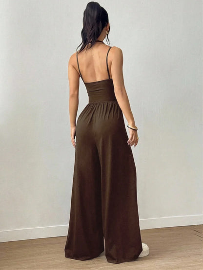 Women Halter Spaghetti Strap Jumpsuits Summer Casual Elastic High Waist Backless Wide Leg Long Pants Romper Club Party Overalls