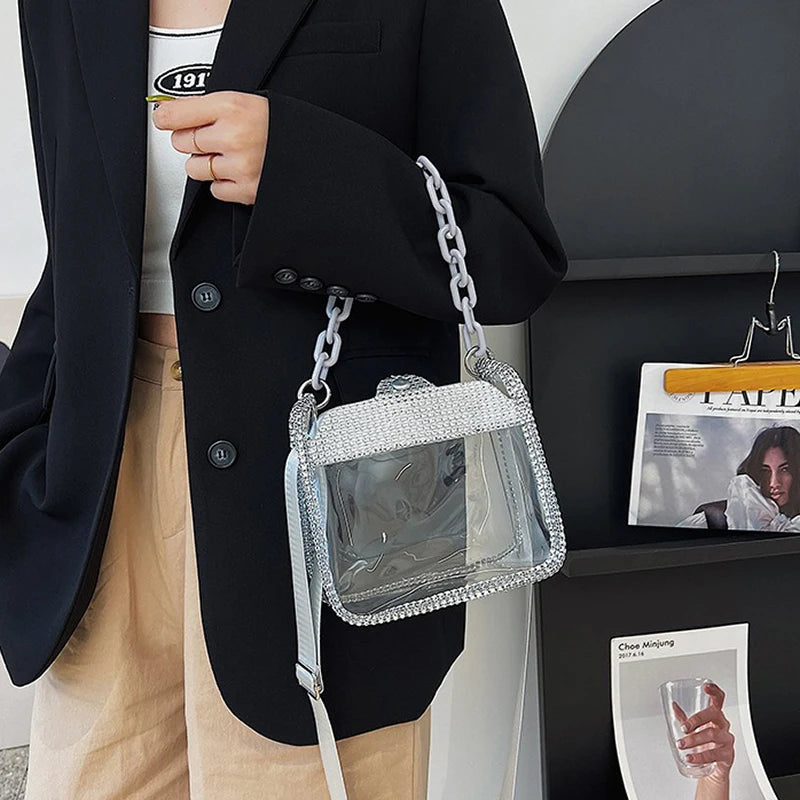 Clear Crossbody Bag for Women PVC Transparent Single Shoulder Chain Portable Messenger Bags Small Square Satchel Bag Girls Gift