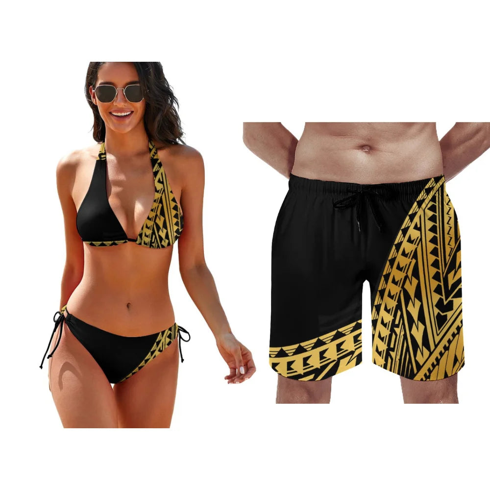 Polynesian Pattern Floral Print Lace-Up Swimsuit Pool Party Couple Suit Summer Custom Couple Suit Women Bikini Men Beach Pants