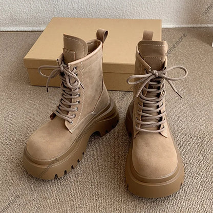 Comemore Platform Lace Up Ankle Boots Retro British Style Chunky Heeled Suede Leather Shoes for Women Solid Short Work Botas