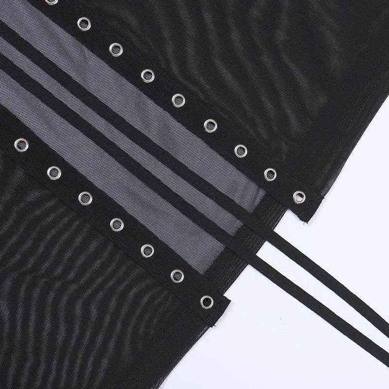 Goth Mesh Perspective Side Slit Skirt Lace Up Dark Punk Gothic Faldas Feminino Thin Summer Aesthetical