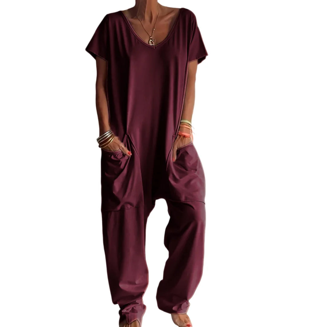 Women Summer Solid V Neck Jumpsuit European Hot Oversized Pockets Low Crotch Loose Rompers Ladies Casual Daily Outfit