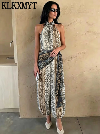 KLKXMYT New Vintage Print Jumpsuit For Women Lace-up Design Halter Neck Casual Outfit Fashion Backless Sexy Rompers ﻿ ﻿