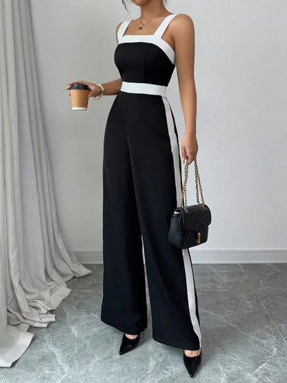 Women's Casual Black Jumpsuit White Contrast Trim Square Neck Great for City Nights Social Gatherings Fashionable Wear