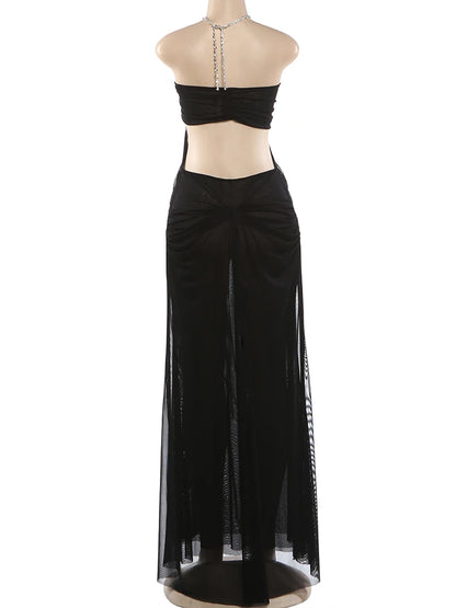 Nibber Prom Party Gown Dress Woman Sexy See Through Luxury Chain Halter Low-Neck Backless Sleeveless Midnight Elegant Vestidos