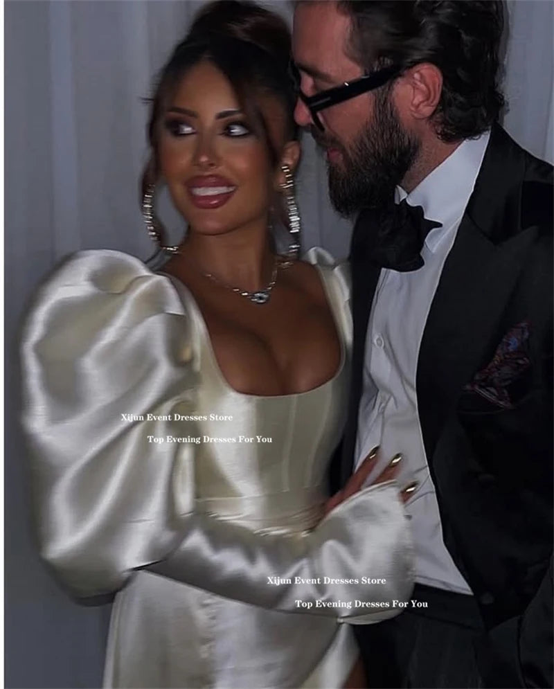 Xijun Ivory Satin Modern Evening Dresses Formal High Low Wedding Dresses Puff Sleeves Birthday Party Gowns Women 2025 Customized