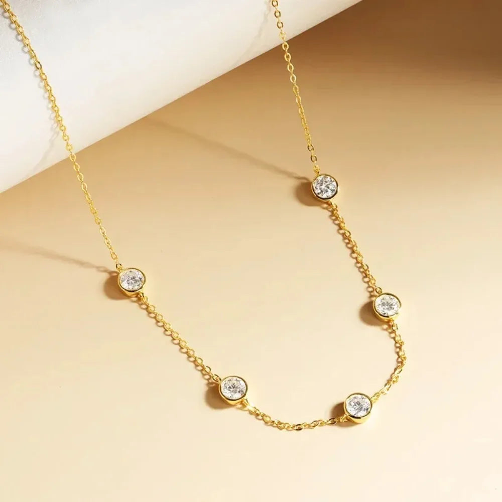 GRA Certified 5mm Moissanite Necklace for Women 925 Sterling Silver Clavicle Chain Round Bezel Set Diamond Choker Party Jewelry